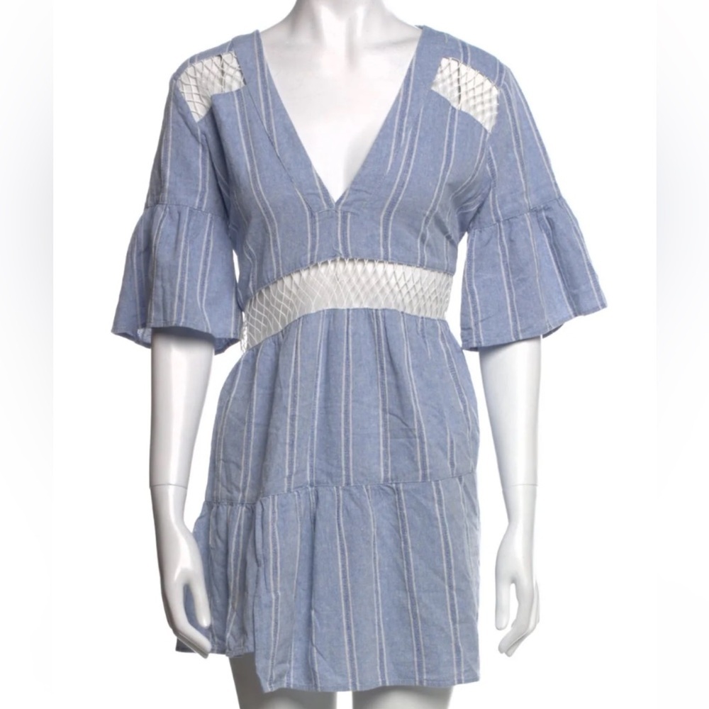 Suboo Sz 4 Blue Tiered Mini Dress White Asymmetrical Net Ruffle V Neck Bohemian